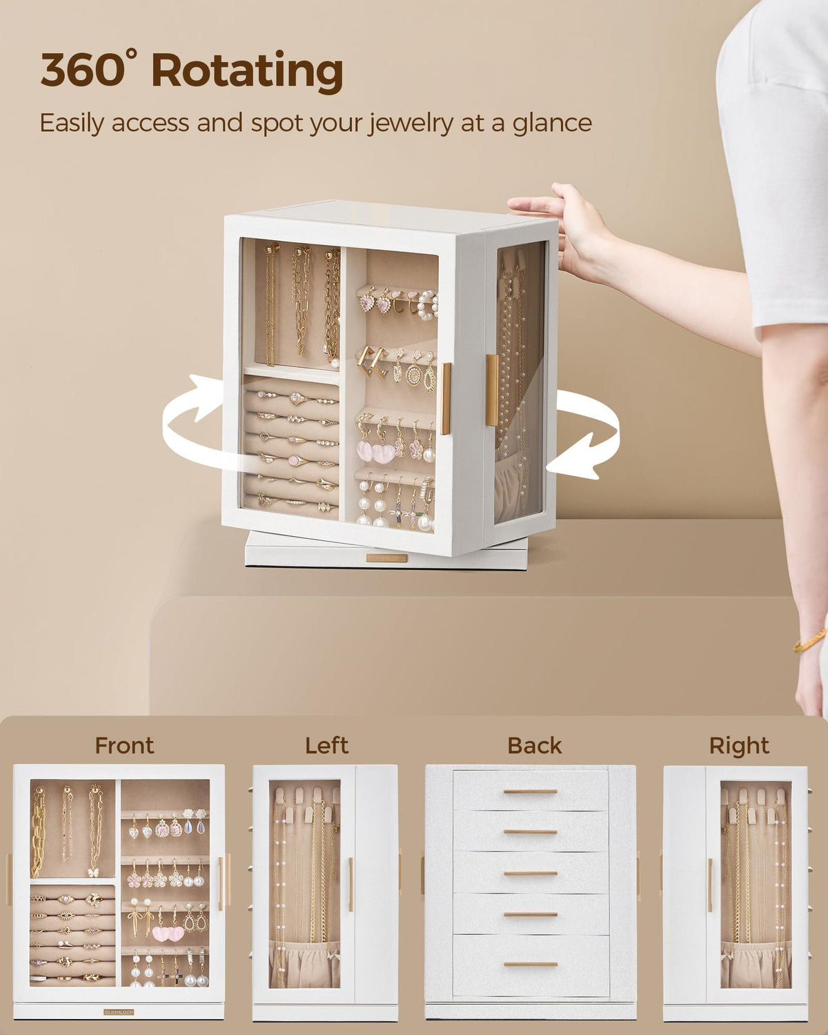 Glimmloop 360° Rotating Jewelry Box with 5 Drawers, Spacious Vertical Jewelry Organizer with Glass Window, Jewelry Storage Case, Dustproof & Moisture-resistant Design, White