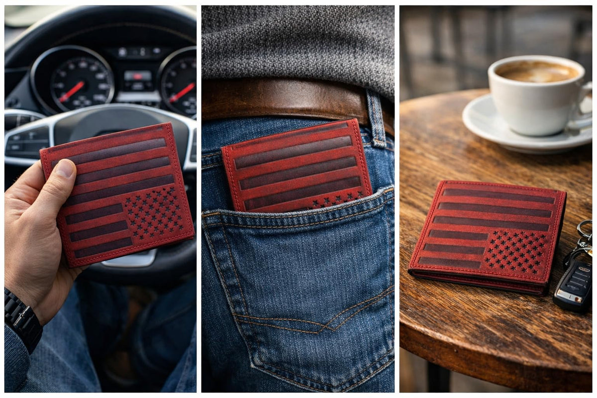 ASAD Genuine Leather Wallet for Men & Women | Compact & Spacious with 18 Card Slots, Expandable Currency Compartment & ID Window | Double-Stitched, RFID Blocking | Bordo Crazy Horse American Flag