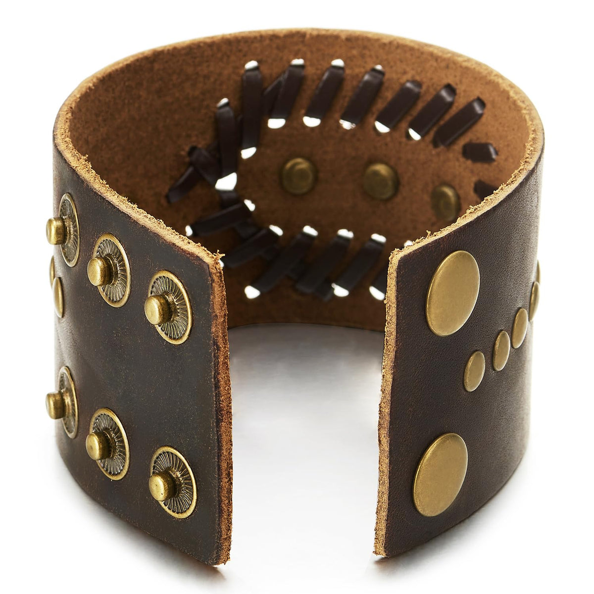 COOLSTEELANDBEYOND Men’s Brown Leather Skull Cuff Bracelet, Wide Adjustable Wristband with Vintage Punk Detail, Biker Fashion Jewelry Gift for Him