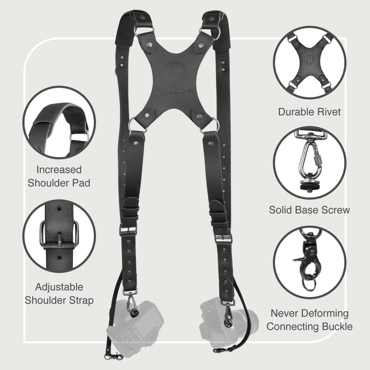 4J LEDR Camera Harness for 2 Cameras Dual Shoulder Leather Camera Strap for DSLR/SLR, Camera Straps for Photographers,Camera Accessories for Wedding,Hiking,Travel,Black