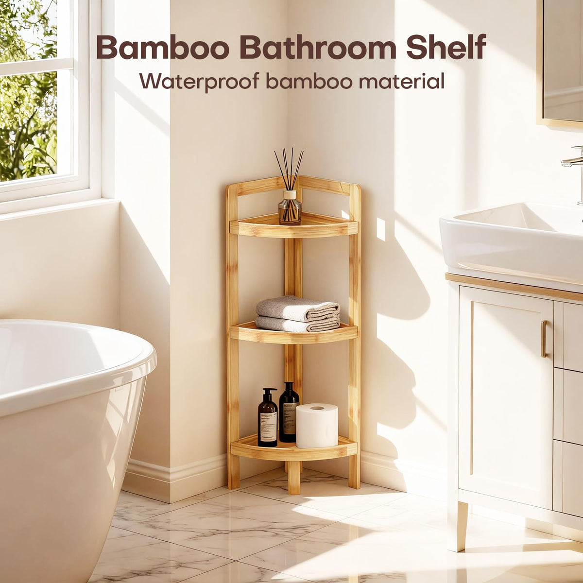 2026 New Bamboo Standing Shelf, 3 Tier Corner Shelf Stand, Free-Standing Shelf Units, Triangular Curved Corner Shelf Stand for Space-Saaving Display Ideal for Bathroom/Kitchen/Living Room Storage