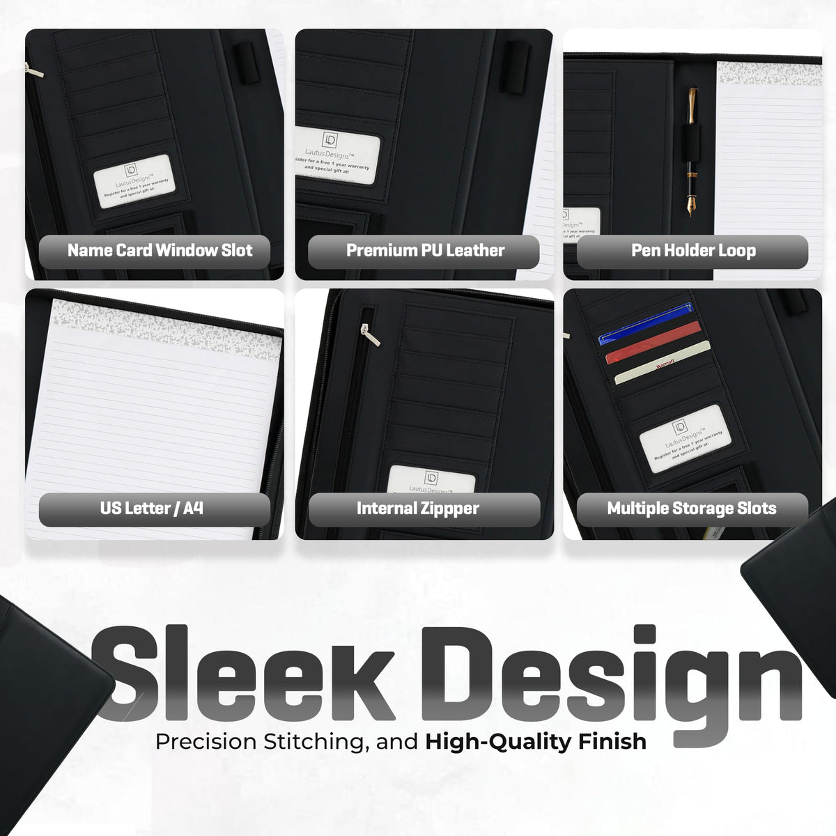Lautus Designs Black Zippered Leather Portfolio - High Capacity 2-Inch Spine - Fits Surface Go & iPad Pro/Air 11 Inch - Professional Resume Padfolio