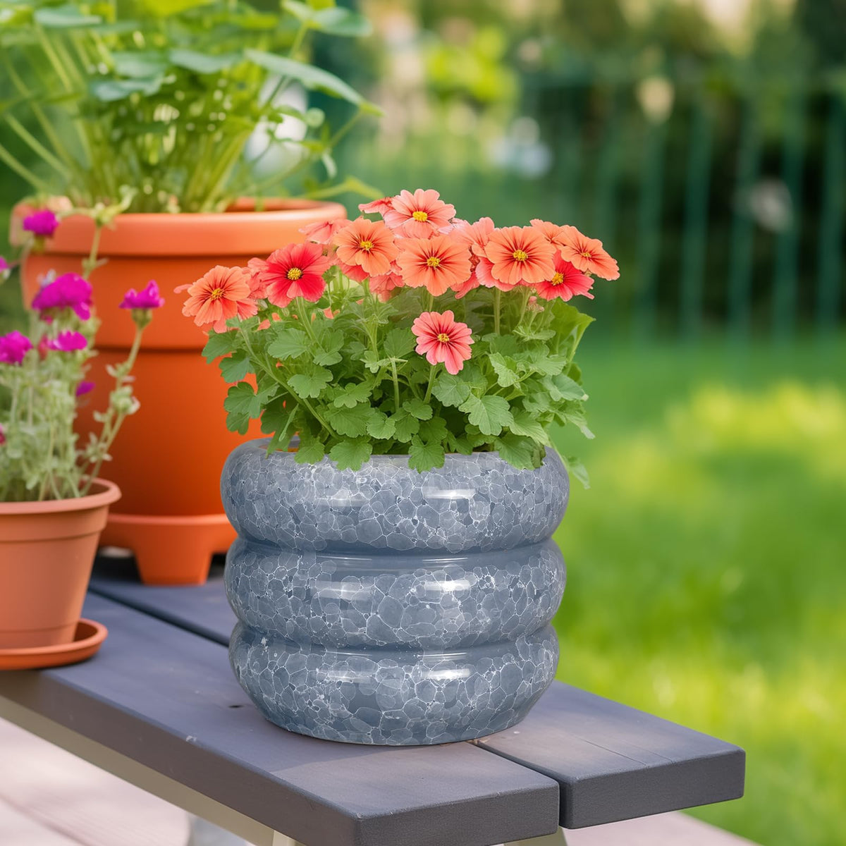 SQOWL Ceramic Planter 8 Inch - Indoor Plant Pot with Drainage Hole Outdoor Planter Round Flower Pot Modern Decorative Plant Pot for Home Office Decor Gray