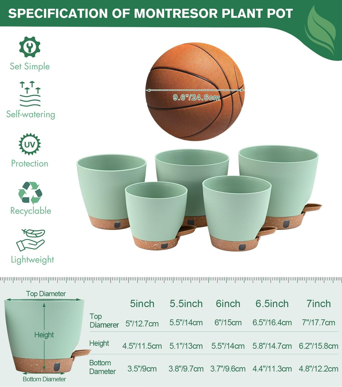 montresor 5 Pack Green 5/5.5/6/6.5/7 Inch Self Watering Planters for Outdoor, Plastic Plant Pots with Wick & Drainage, Small to Medium Indoor Pots for Snake Plant, Aloe