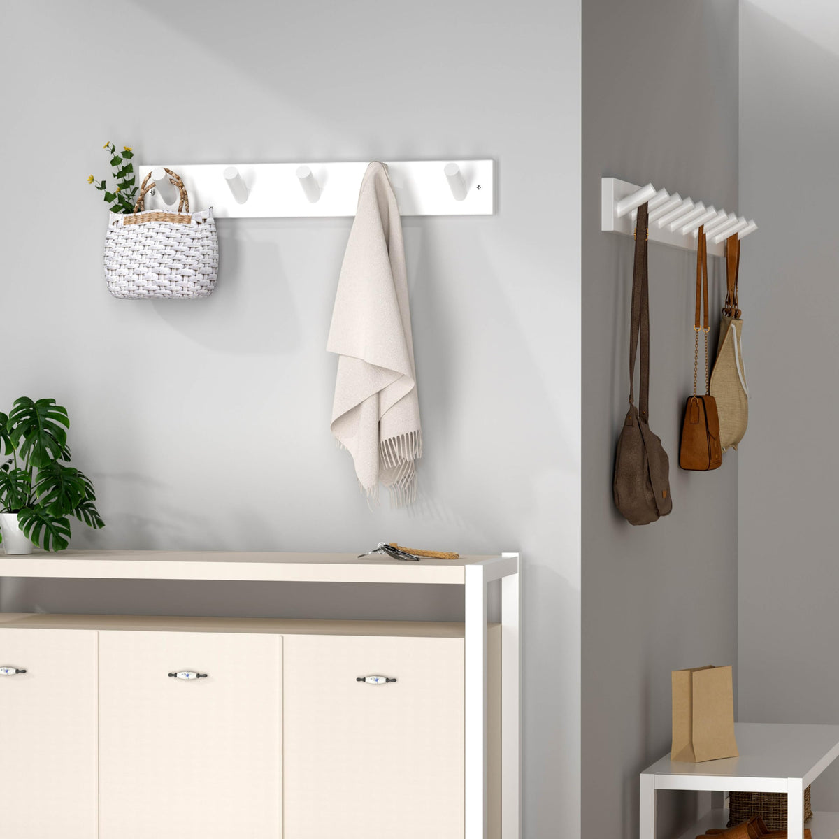 SKOLOO Wooden Wall Mounted Coat Rack,16'' Hole to Hole, 5 Pegs Bamboo Wall Hook for Hanging Clothes Robes Towels Hats,White