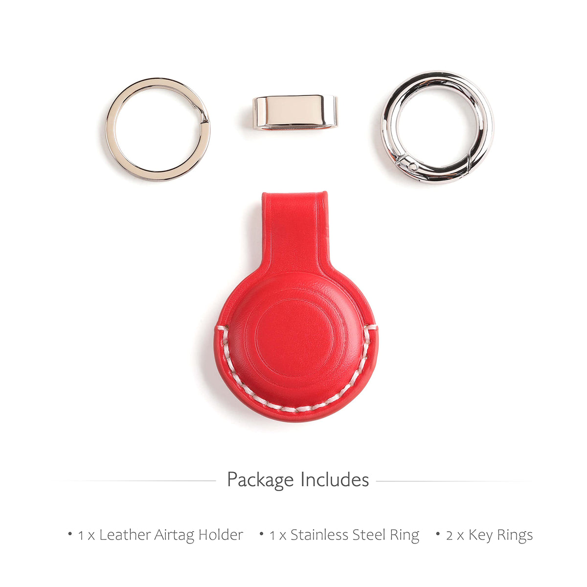 LQU Genuine Leather Keychain Holder Compatible with Airtag, Secure Air Tag Keychain Holder Case Cover Key Chain Ring Accessories for Air Tag - Red V2.0