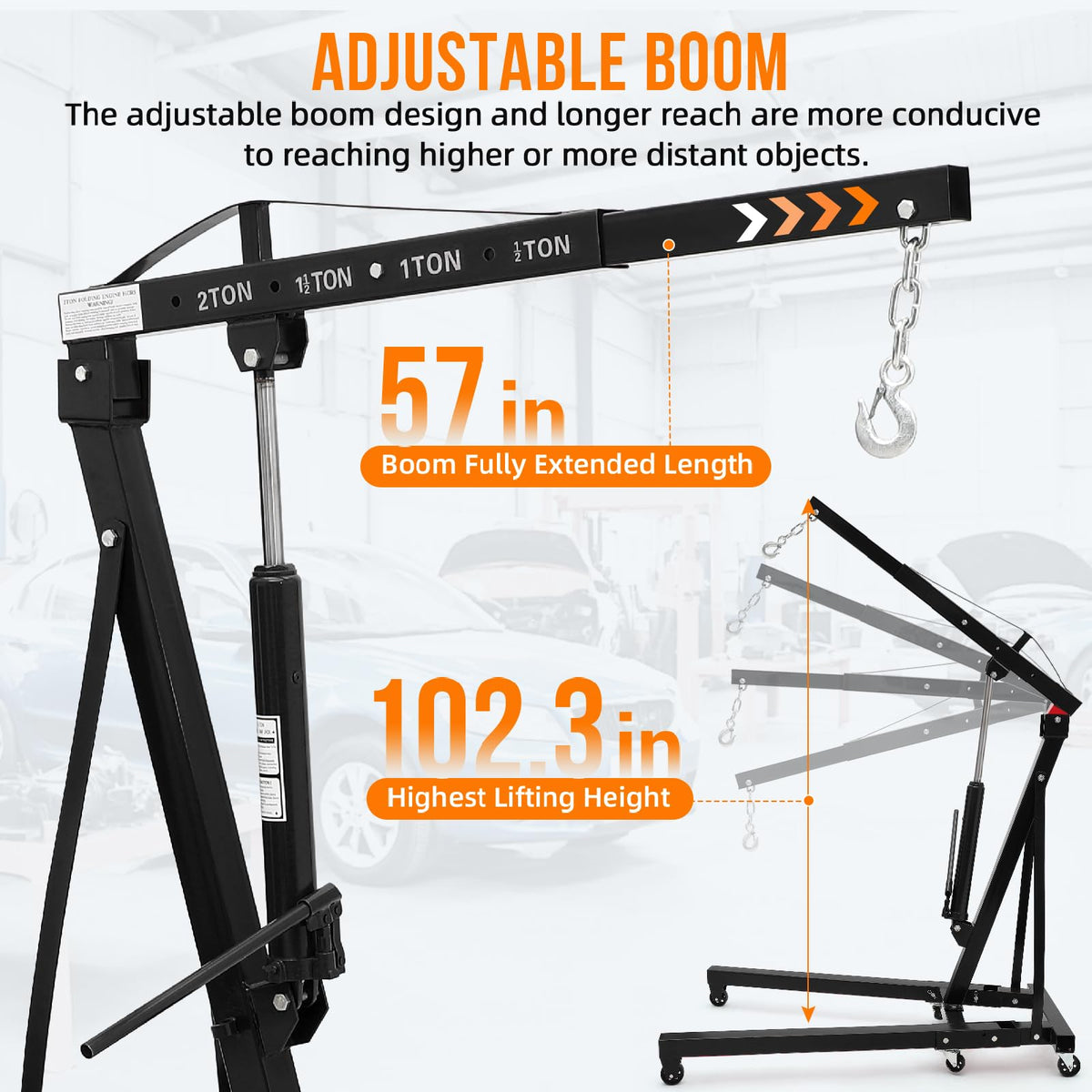Hydraulic Engine Hoist 2 Ton, Cherry Picker Shop Crane with 6 Casters and Telescopic Boom, 4400 Lbs Heavy Duty Engine Hoist Crane Lift for Garage, Workshop, Automotive Repair, Black
