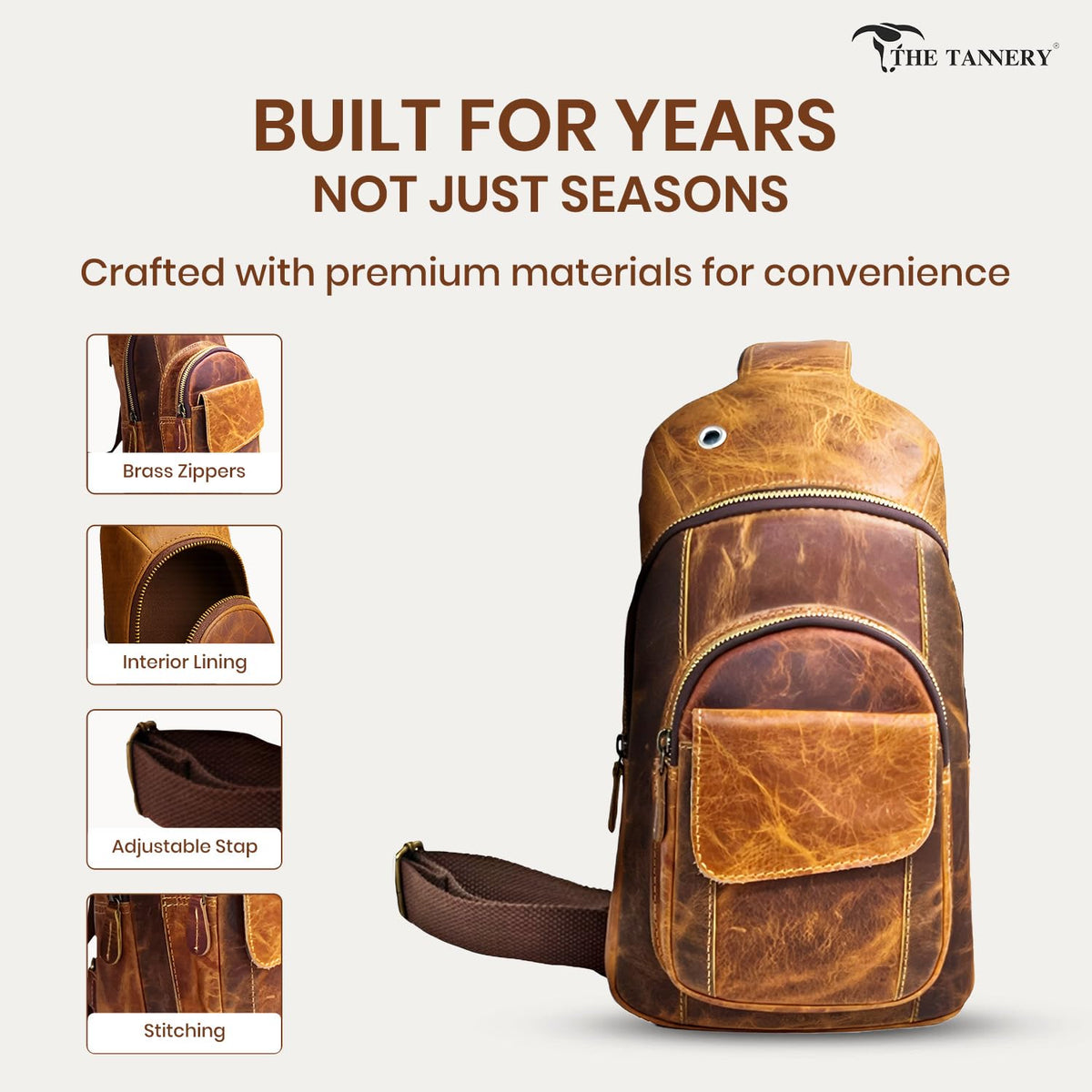 The Tannery Handmade Buffalo Leather Multipurpose Travel Hiking Crossbody Chest Backpack with Adjustable Shoulder Strap, Thanks Giving (Brown, Large)