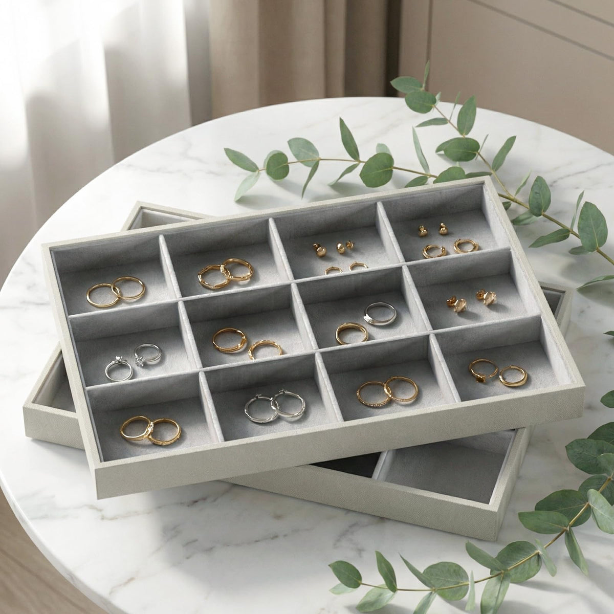 Gghenda 2-Piece Gray leather Stackable Jewelry Organizer Tray Set, Bracelet Ring Earring Holder Box, Necklace Display Stand for Storage and Retail Display (Necklace)
