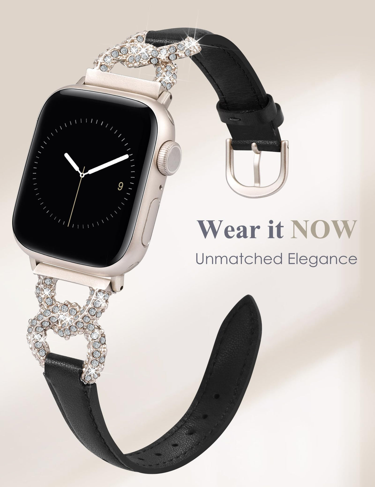 TOYOUTHS Leather Band Compatible with Apple Watch Bands Women 38/40/41/42mm Dressy Designer Diamond Interlock Buckle Thin Leather Strap for iWatch Series 11 10 9 8 7 6 5 4 SE 3 2 1, Black/Starlight