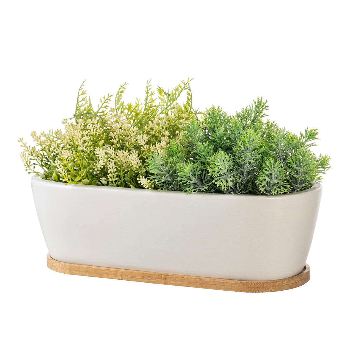 MyGift 14 Inch Oval Modern Matte White Ceramic Succulent Planter Pot with Drainage Hole and Removable Bamboo Saucer, Decorative Indoor House Plant Container for Flowers, Cactus, Herbs