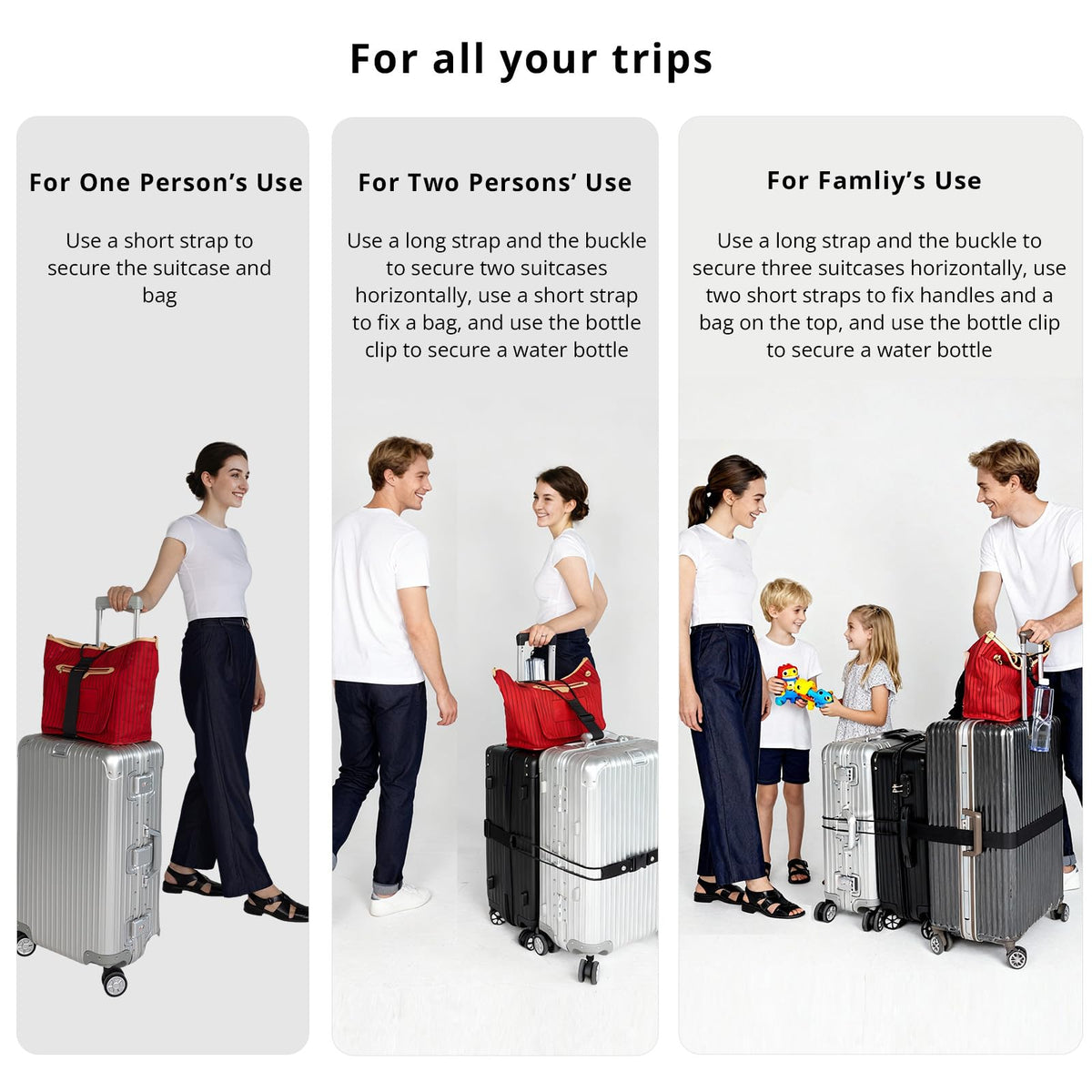 Luggage Straps 3 PCS for Suitcases TSA Approved 2 Short & 1 Long Adjustable Straps with Elastic Thick Rope for Connecting Suitcases and Bags Stably with a Strap Buckle and a Bottle Clip, Black