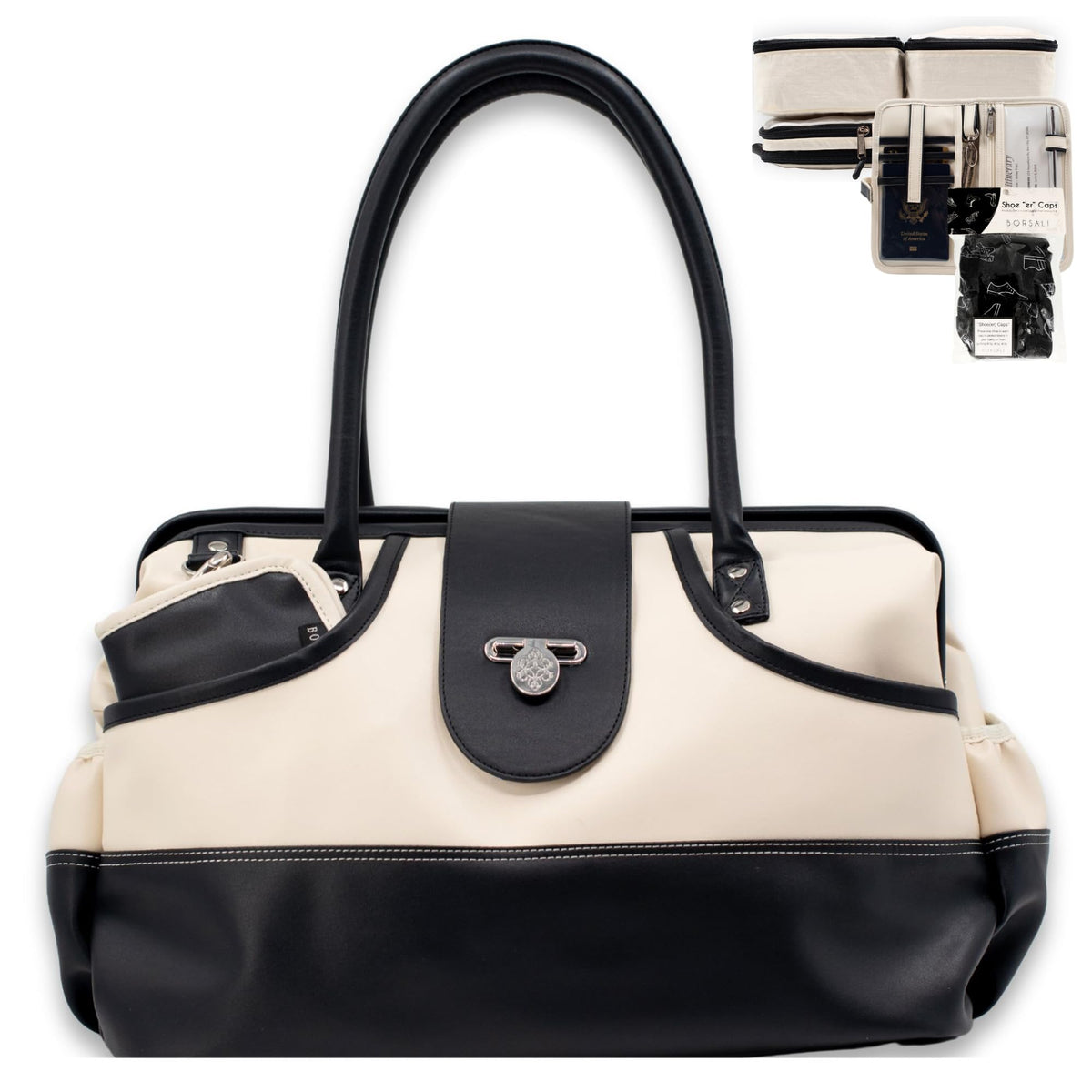 Borsali Weekender Bag for Women - Travel Carry On Duffel -Vegan Leather with Travel Wallet, Packing Cubes & Shoe Covers (Cream)