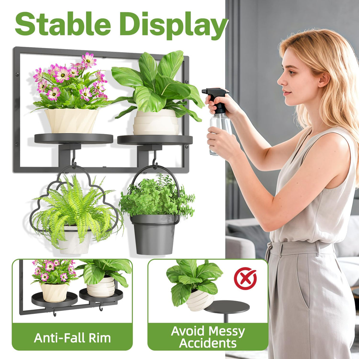 iDavosic.ly Wall Plant Picture Frame Holder with 2 Trays for Indoor, Metal Stand with Hanging Hooks, Floating Flower Display Decor, Space Saving & Easy to Assemble (Pots/Chains/Plants Not Included)