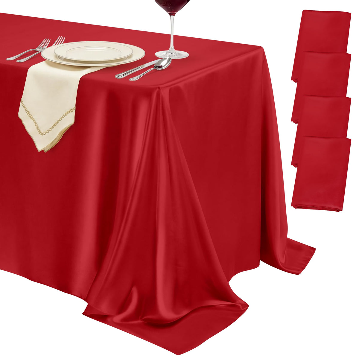 COSINIA 4 Pack Red Satin Tablecloth 58 x 102 Inches, Rectangular Satin Table Cloths for Wedding Reception, Birthday Party, Graduation & Holiday Banquet Tables