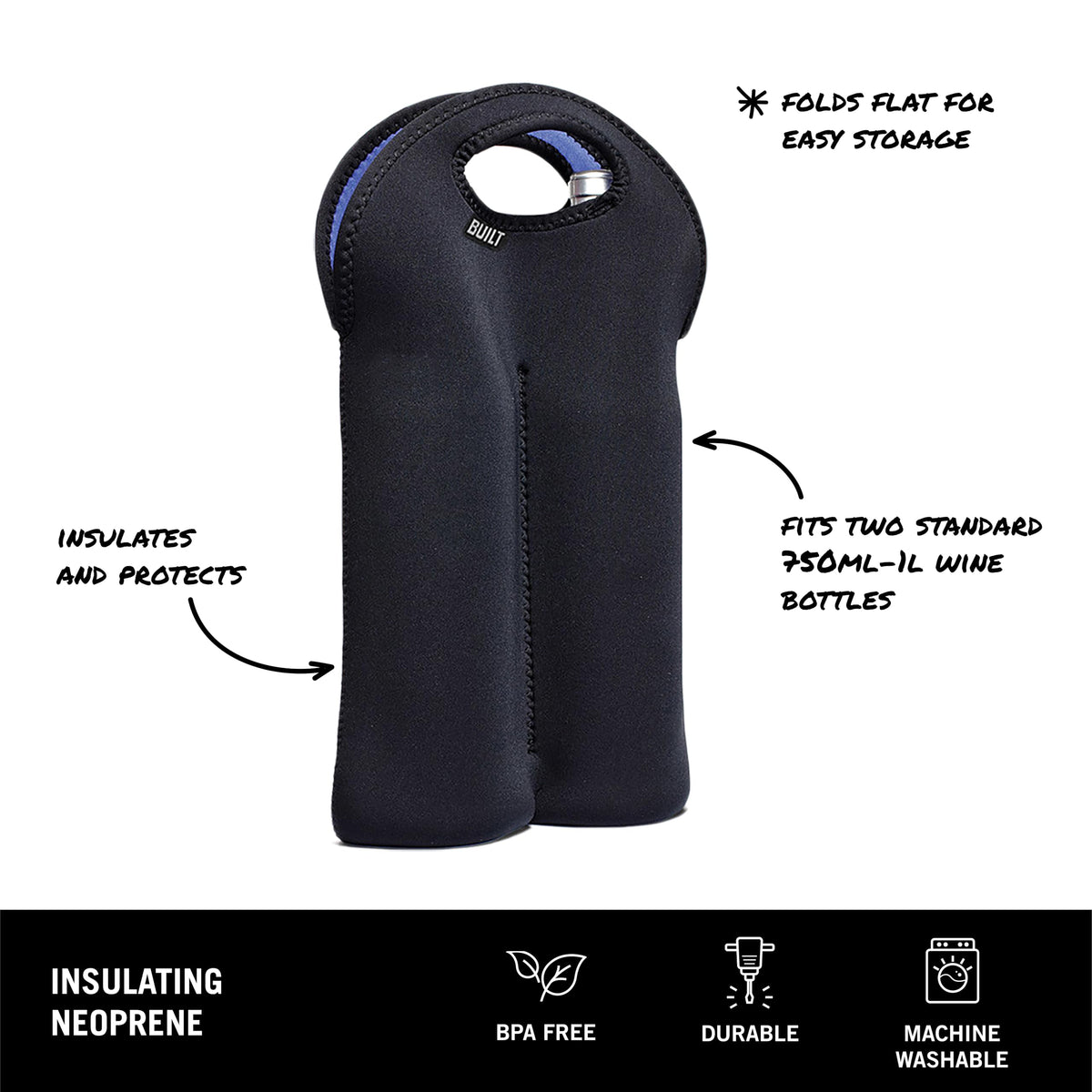 BUILT 2B-BLK 2-Bottle Stain Resistant Neoprene Wine/Water Bottle Carry Tote, Black