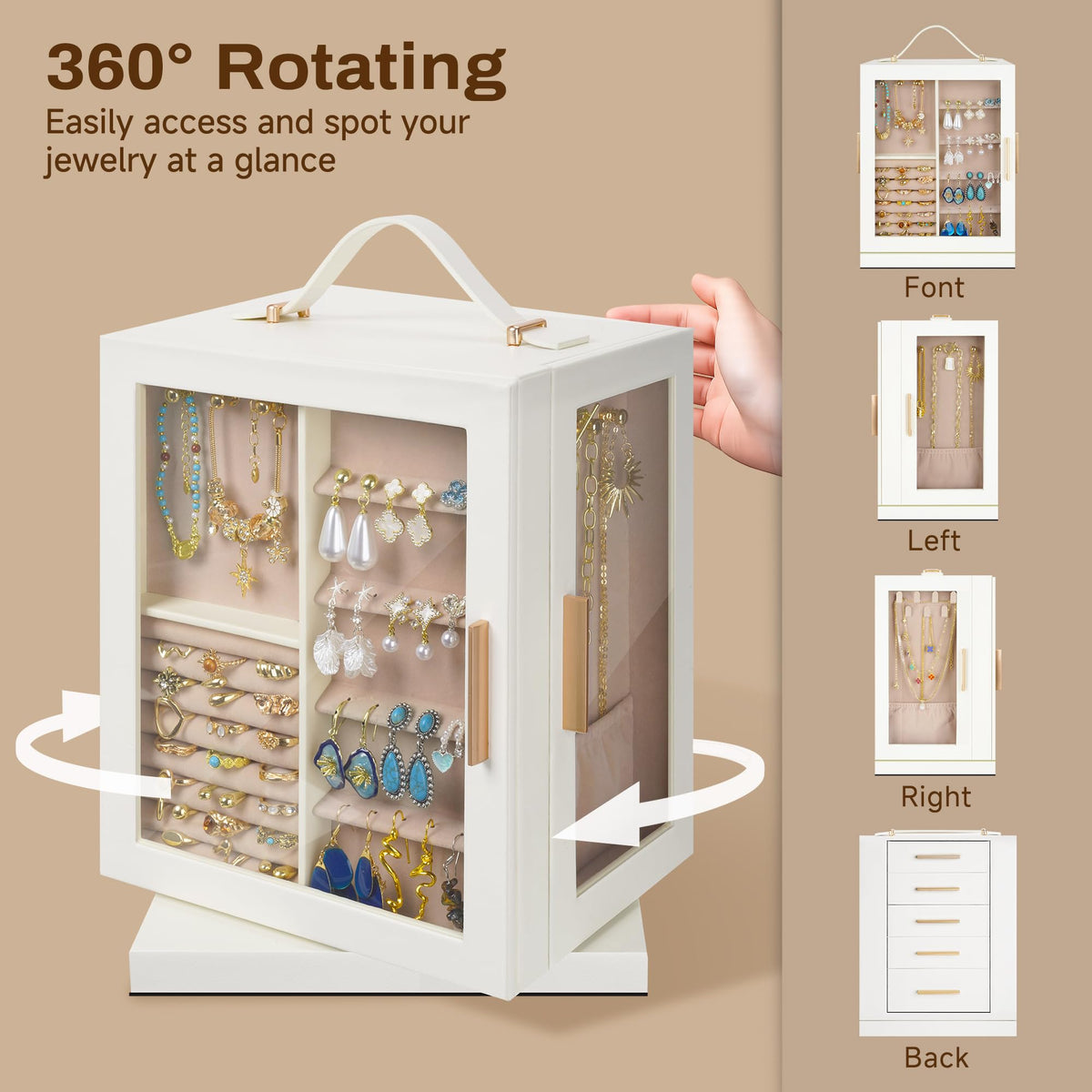 DUMIROICS 360° Rotating 5‑Drawers Jewelry Box with Top Handle & Glass Window, Spacious Vertical Jewelry Organizer, Jewelry Storage Case, Dustproof & Moisture‑resistant Design. (White)