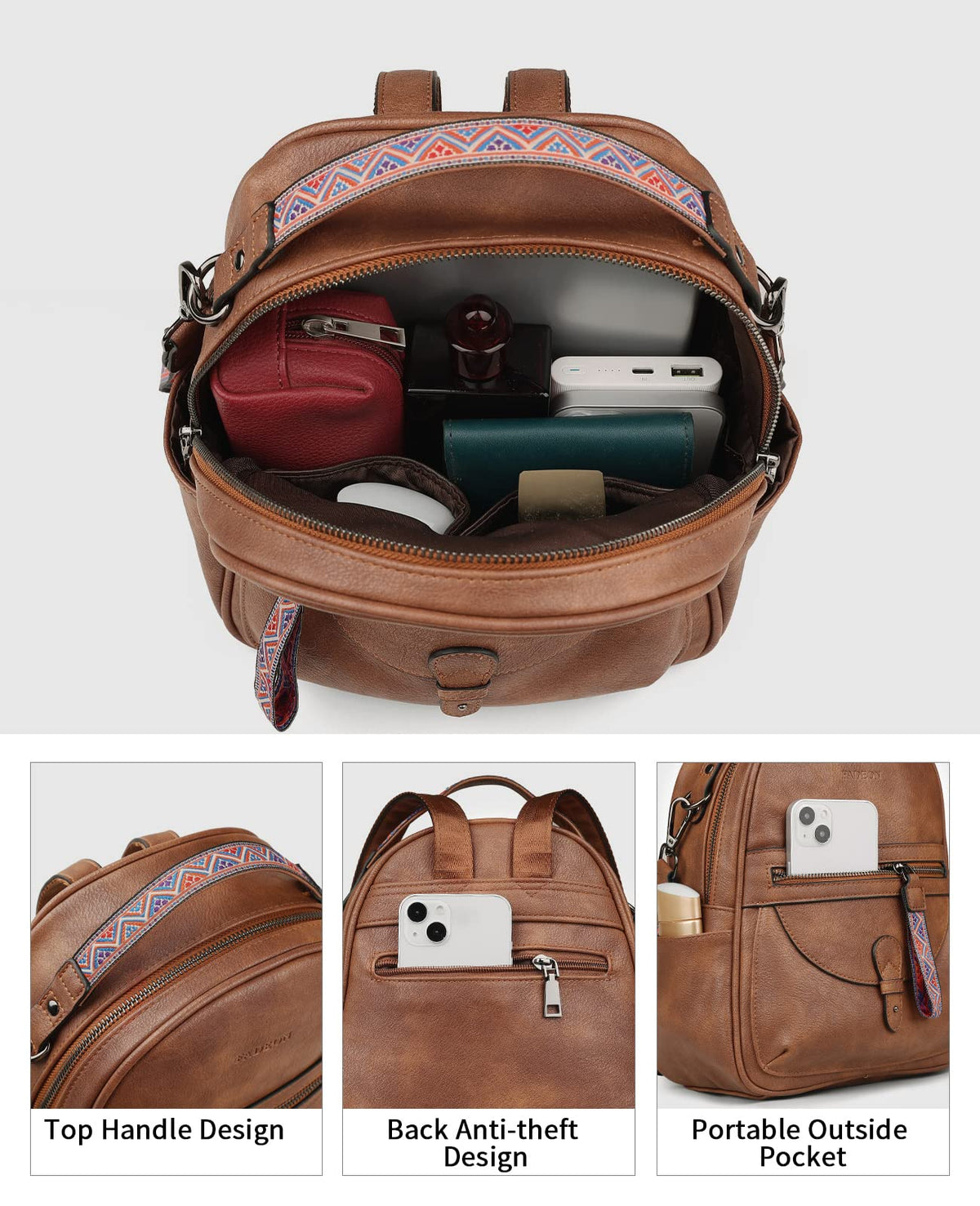 FADEON Mini Backpack Purse for Women, Designer Leather Cute Roomly Small Backpacks, Ladies Shoulder Backpack Fashion Handbag
