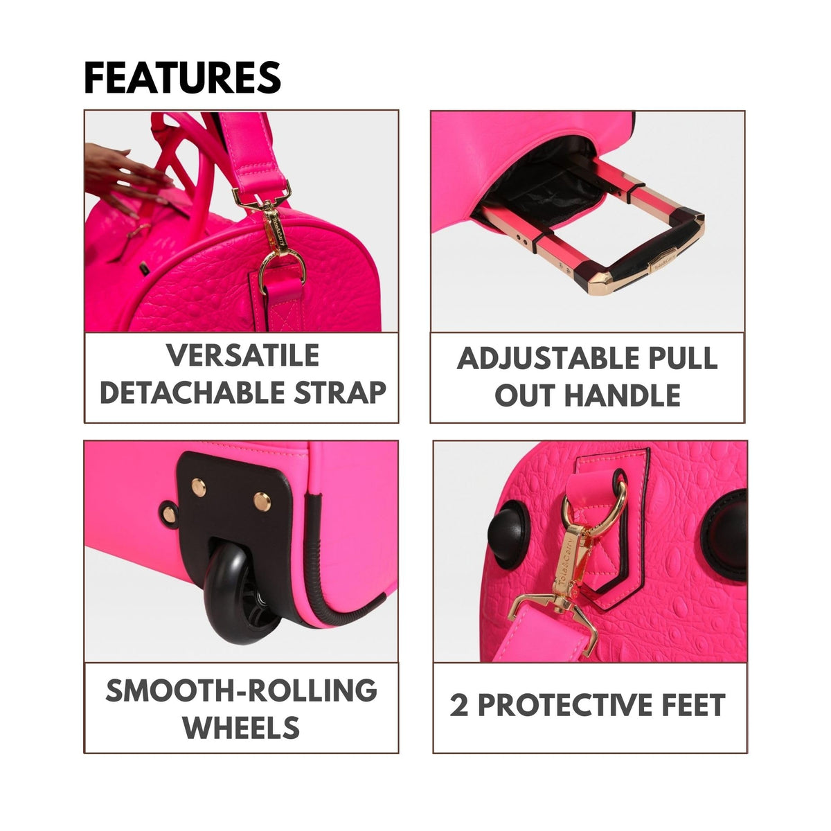 Tote&Carry Apollo 2 Large Rolling Duffle Bag with Wheels, Carry-On Roll Duffel for Travel, Gym, Sports, Daily, Weekend & All-Purpose Use for Men & Women (Crocodile Skin, Neon Pink)