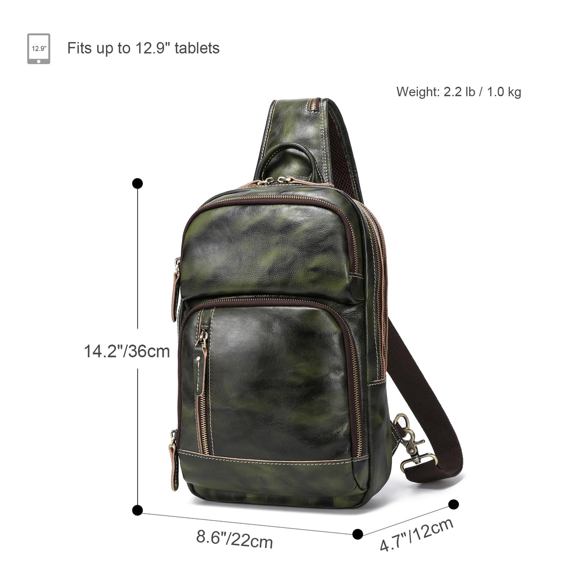LANNSYNE Vegetable Tanned Leather Sling Bag For Men, Crossbody Chest Daypack fits 12.9" iPad