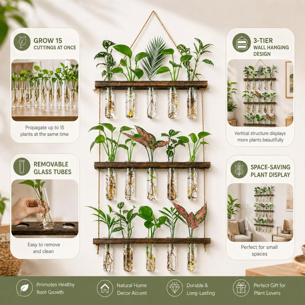 Monsiter QE 3 Tier Wall Hanging Propagation Stations with 15 Glass Test Tubes, Plant Terrarium Propagation Tubes Planter for Hydroponic Cuttings, Window Decor Gift for Plant Lovers