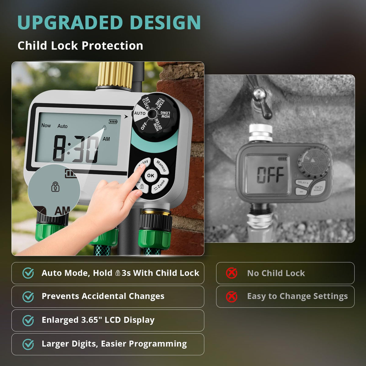 QUOBAS Brass Sprinkler Timer for Garden Hose, Programmable Water Timer for Hose Faucet with Child Lock, Rain Delay/Auto/Manual 3 Modes, Large Waterproof Screen, 3 Zone Independent Watering