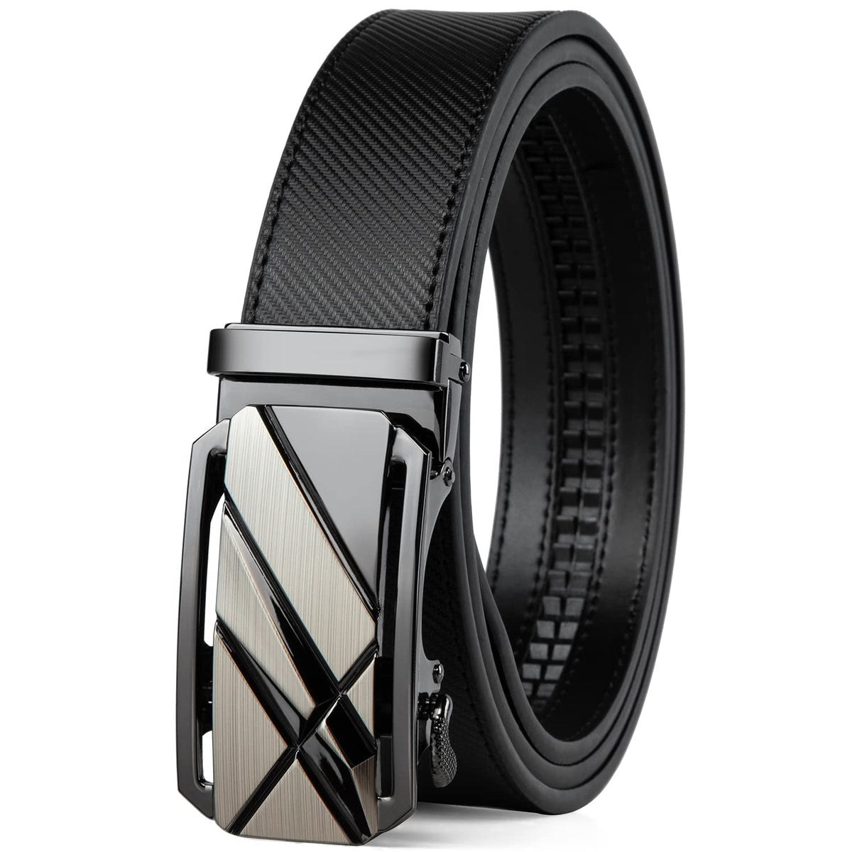 Drowsmen Leather ratchet belt 1 3/8" with Click Sliding Automatic Buckle, Adjustable belt Trim to Fit (Carbon Fiber M Belts, 28"-34" Waist Adjustable)