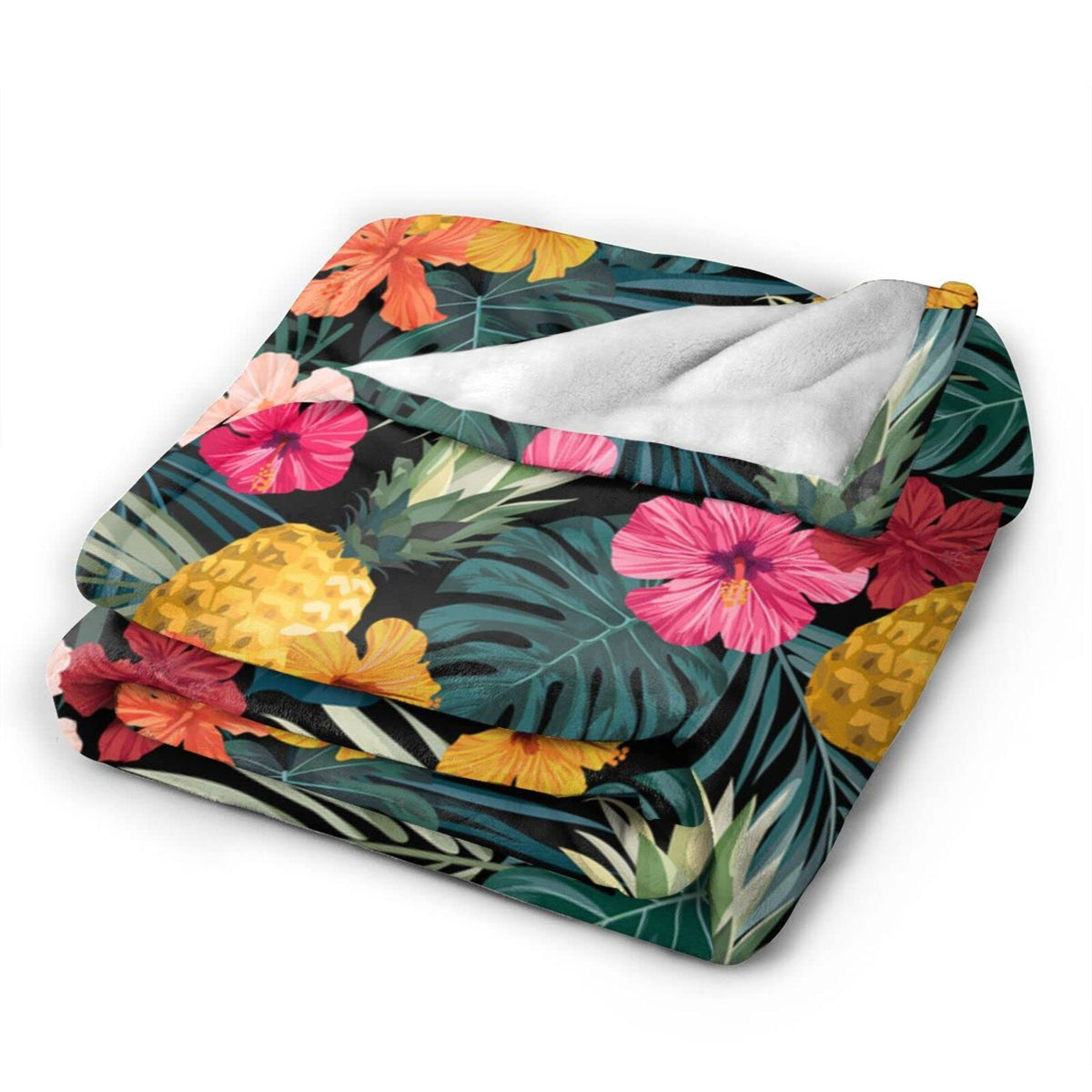 Perinsto Palm Leaves Hibiscus Flowers Hawaii Throw Blanket Ultra Soft Warm All Season Tropical Pineapples Fruit Decorative Fleece Blankets for Bed Chair Car Sofa Couch Bedroom 50"X40"