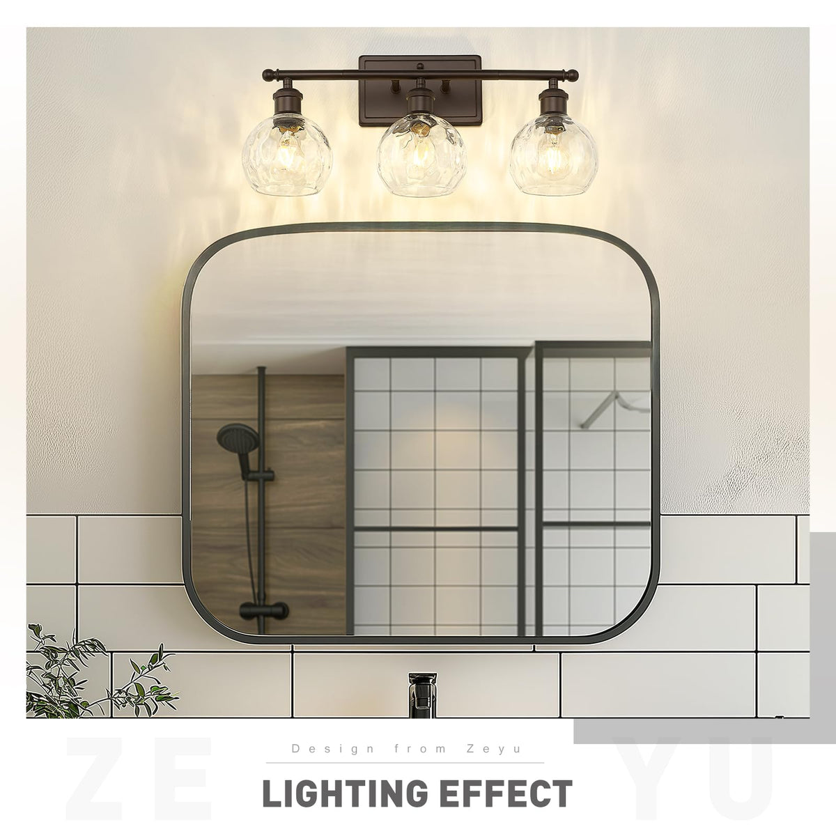 zeyu 3-Light Vanity Lighting - Oil Rubbed Bronze Finish, Clear Hammered Globe Glass, Model ZJF63BG-3W ORB-WG