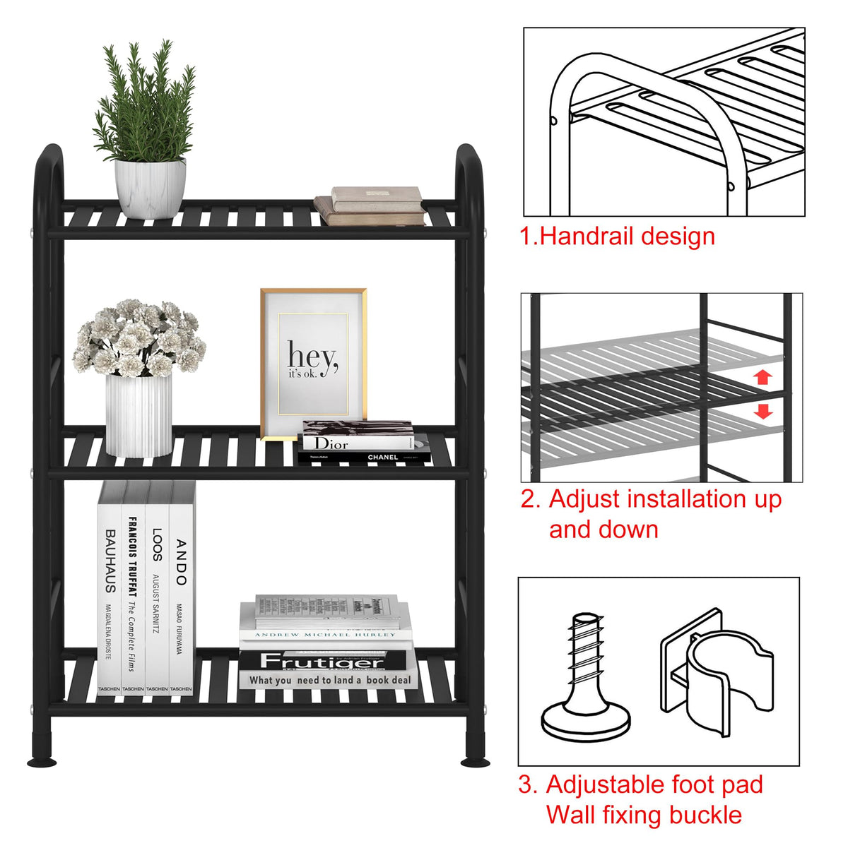 JSB 3-Tier Adjustable Shelving Unit, Heavy Duty Storage Rack Organizer Metal Corner Shelf for Kitchen Living Room Laundry Pantry Bathroom (Black, 3 Tier)…