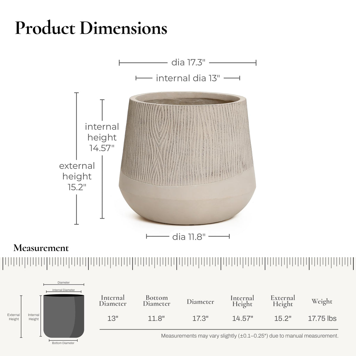 LuxenHome 17" Dia Concrete Round Planter, Large Outdoor Indoor Plant Pot with Drainage Hole and Rubber Plug, Flower Pot for Plants, Blended Tan with Wood Pattern Planter for Home Garden Patio