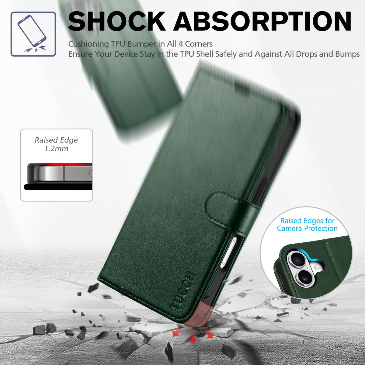 TUCCH Wallet Case for iPhone 17 (6.3") 2025, RFID Blocking 4 Card Slots, Kickstand, Shockproof TPU Shell, PU Leather, Magnetic Closure, Protective Flip Folio Cover, Evergreen