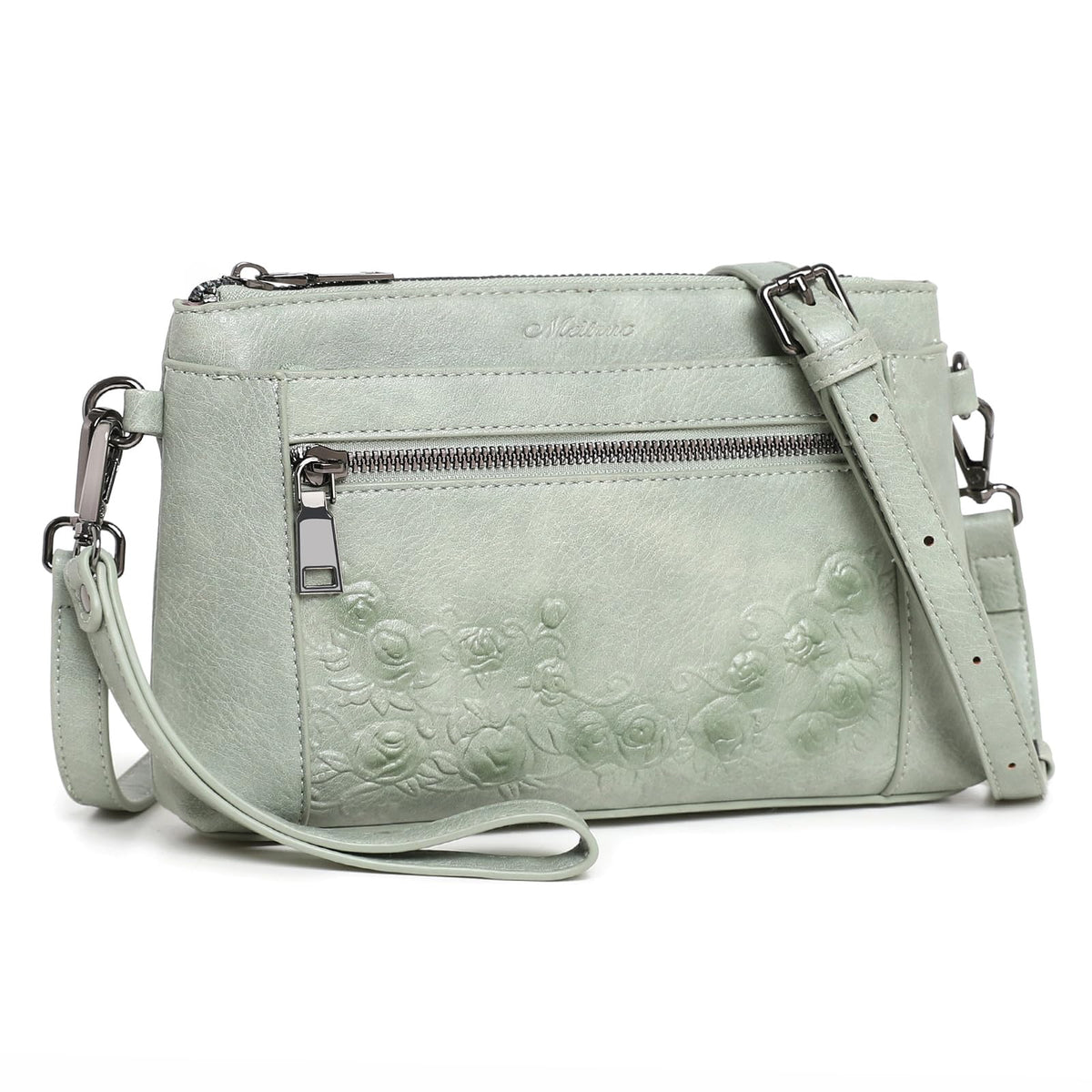 MEITRUE Wristlet Wallets Clutch Purses for Women - Rose Embossed Vegan Leather Small Crossbody Bag Mini Cell Phone Wallet Purse with Adjustable Strap & Card Pockets