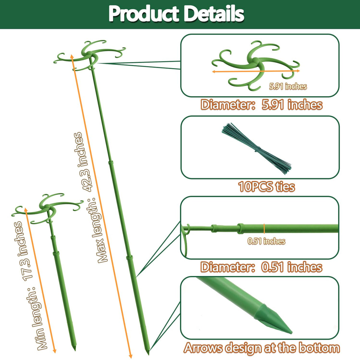 Telescoping Plant Support Stakes,5Pack 17.3 to 42.3IN Adjustable Monstera Plant Support,Garden Stakes with Clips,Sturdy Plant Sticks for Indoor Outdoor Plants, Orchid, Tomato, Vine,Monstera