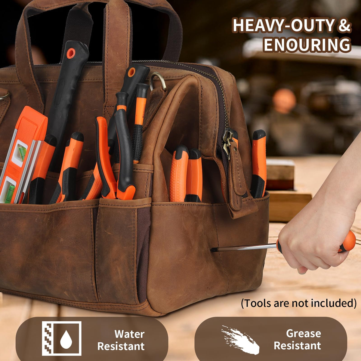 Leather Tool Bag Wide Mouth Tool Storage Bag for Hand Tools 16 inch Tool Tote Bag, Gardening, Outdoorsmen, Heavy Duty Organizer Electrician Tool Bag