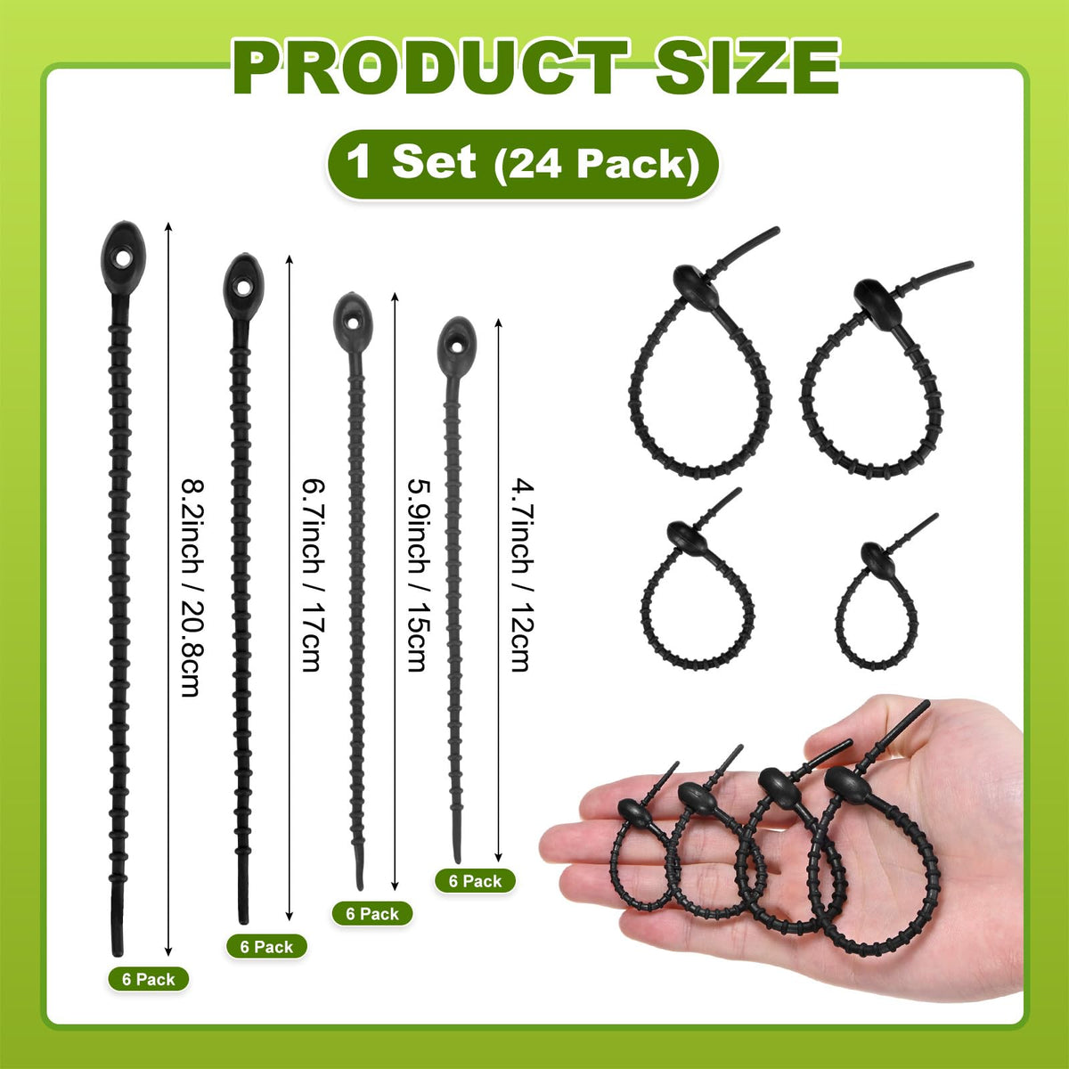 M METERXITY 48-Pack Adjustable Plant Ties, 4.7/5.9/6.7/8.2 Inch Silicone Flexible Multi-Function Garden Twist Tie for Crafts/Gift Wrapping/Gardening Plants, Reusable Support Twine [Black]