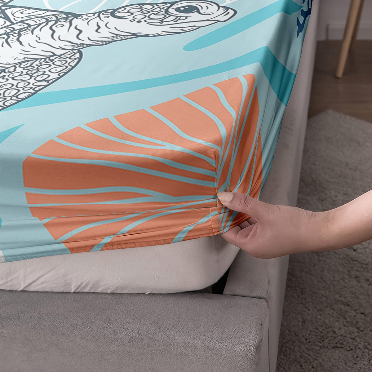 HOSIMA Sea Turtle Bedding Set,Coastal Beach Themed Bedroom Fitted Sheet Queen Size for Kids Teen Girls Boys Room Decor,1 Fitted Sheet+2 Pillowcases.