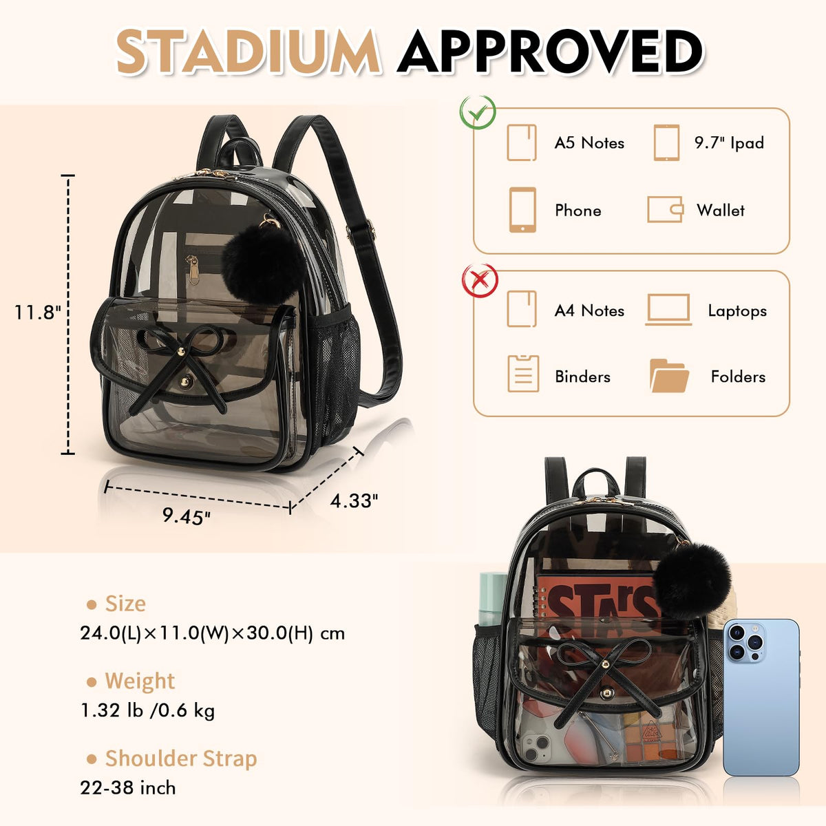 ASKSKY Clear Backpack for Stadium Events 12x12x6, Thick PVC Small Clear Bag with Leather Trim Fashion Women Backpack for Concerts, Sports, Festivals, Work, Travel-Black