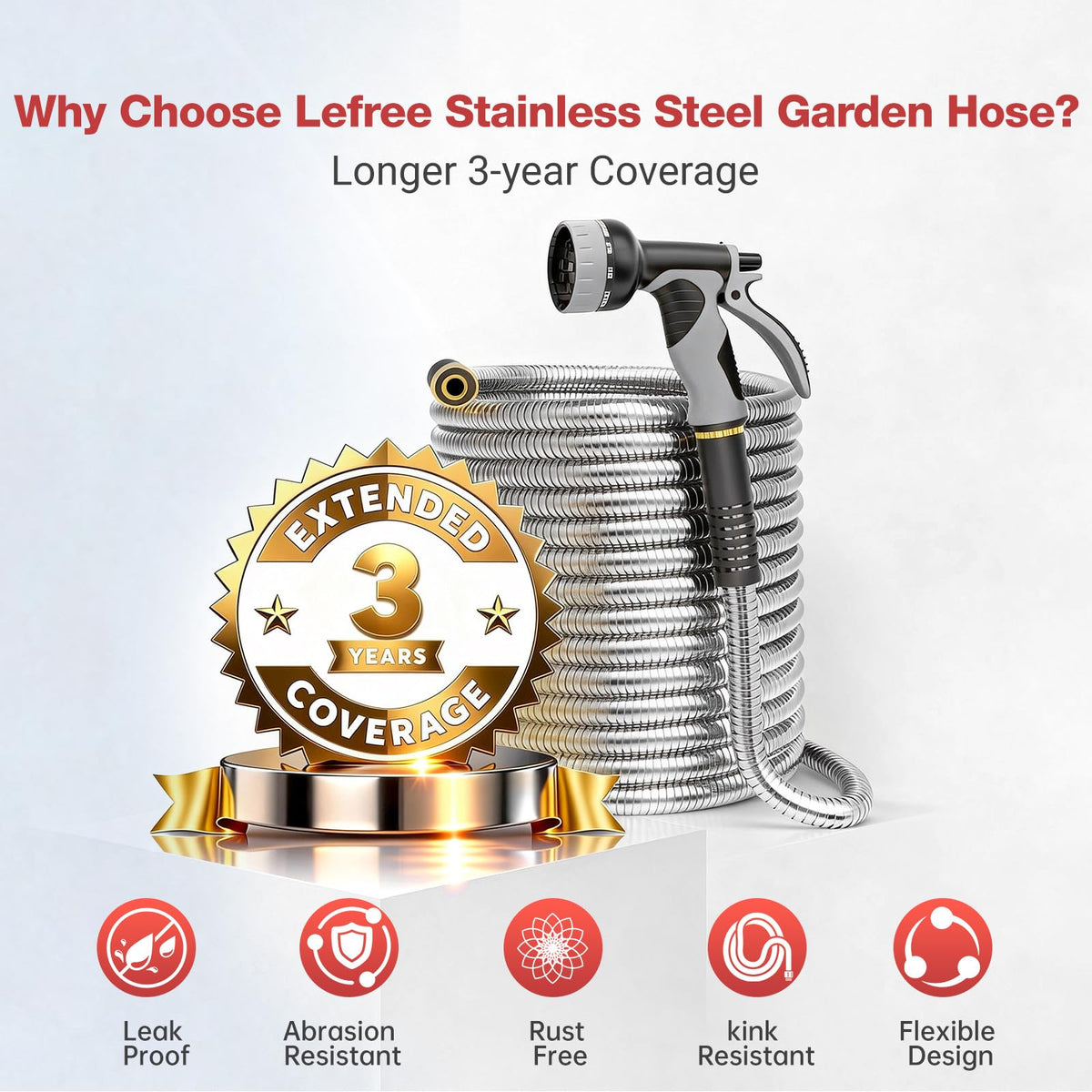 Lefree 100ft Metal Garden Hose - Heavy Duty 304 Stainless Steel Flexible Water Hose, No Kinks & Leak-Proof with Upgraded Handle, 10-Function Spray Nozzle & 4 Spare Gaskets for Yard, RV, Pet Bath