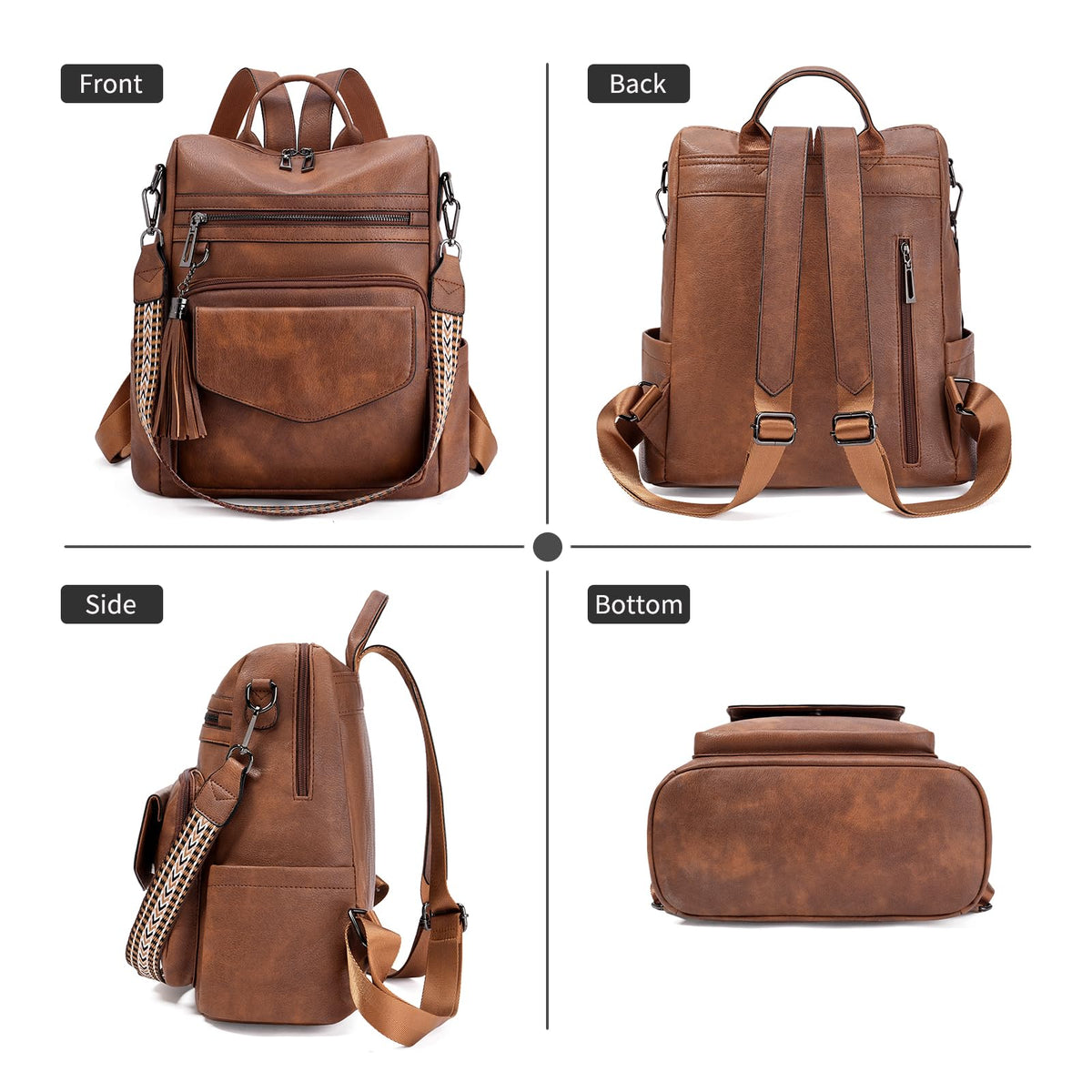 GAEKEAO Backpack Purse for Women Fashion Leather Designer Travel Backpack Purses Convertible Shoulder Bag with Wristlet（Shiny Brown）