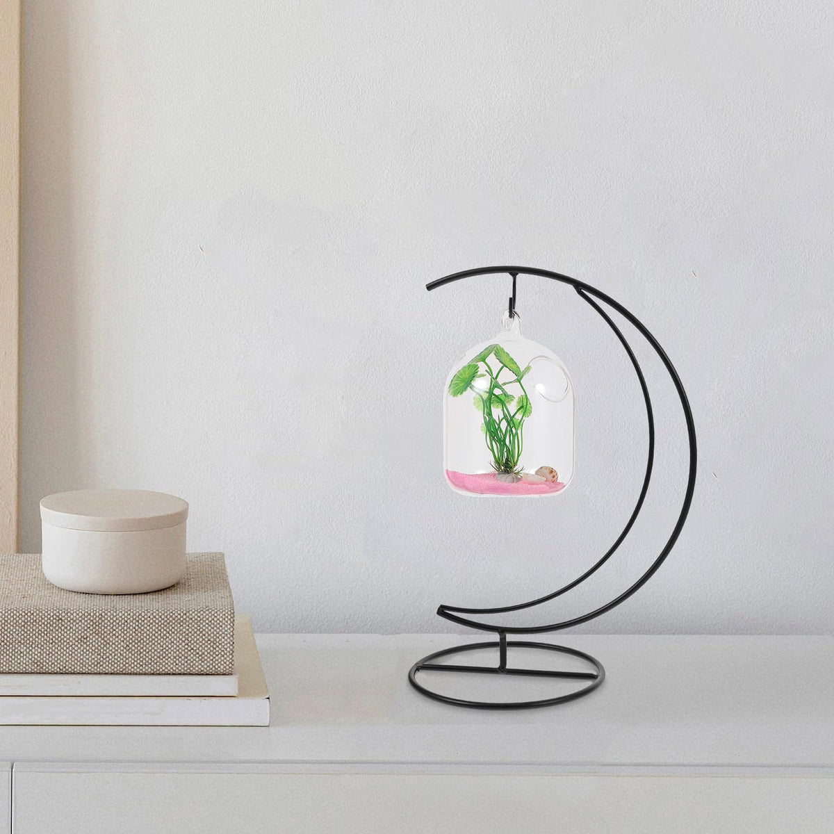 Angoily Moon-shaped Hanging Hook 2pcs Black Metal Air Planter Stand Glass Terrarium Display Holder Flower Pot Hanger for Home Décor and DIY Micro Landscape