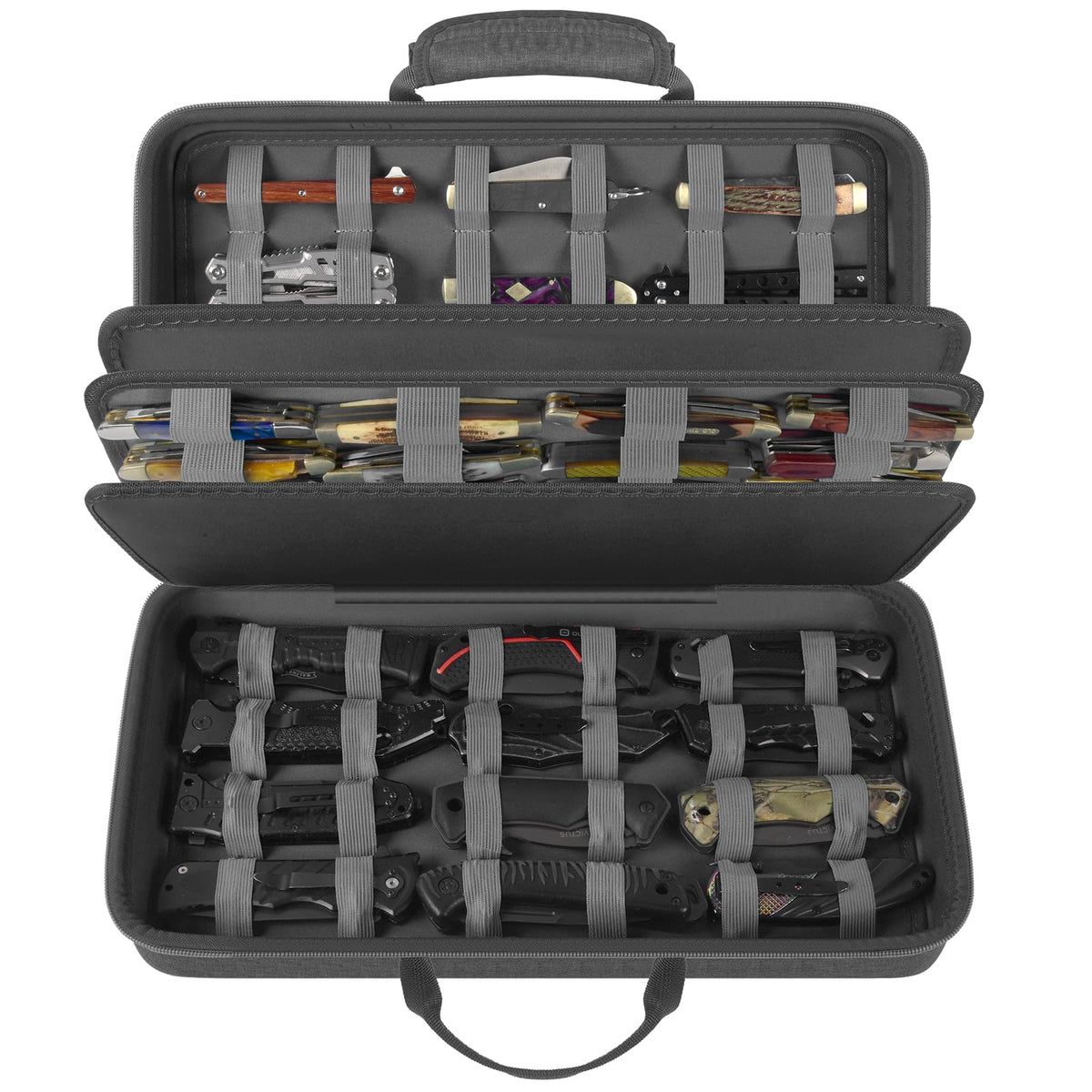 Knife Display Case for 64+ Pocket Knives, Butterfly Knife Storage Box, Folding Knives Organizer Holder, Knives Collection Organized Carrier for Survival, Tactical, Outdoor, EDC Mini Knife - Grey