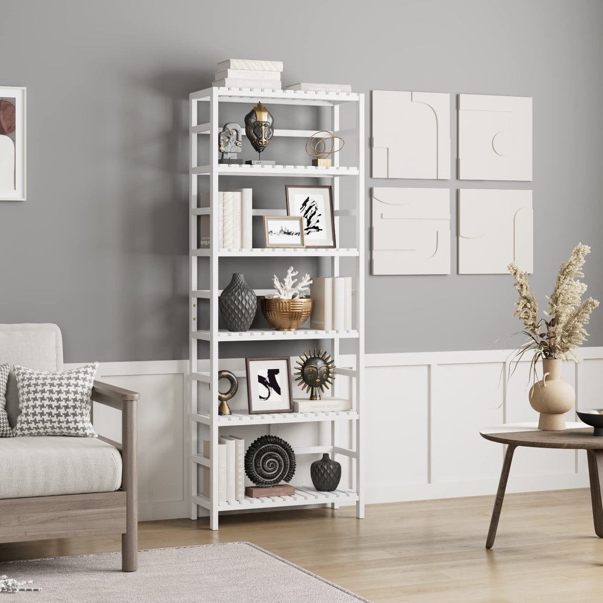 Bamjoy Bamboo Shelf, 6 Tier Bookcase Storage Shelves, Tall Book Rack Shelving Unit, Multipurpose Storage Display Shelf Adjustable Storage Rack for Bathroom Home Office Living Room Kitchen, White
