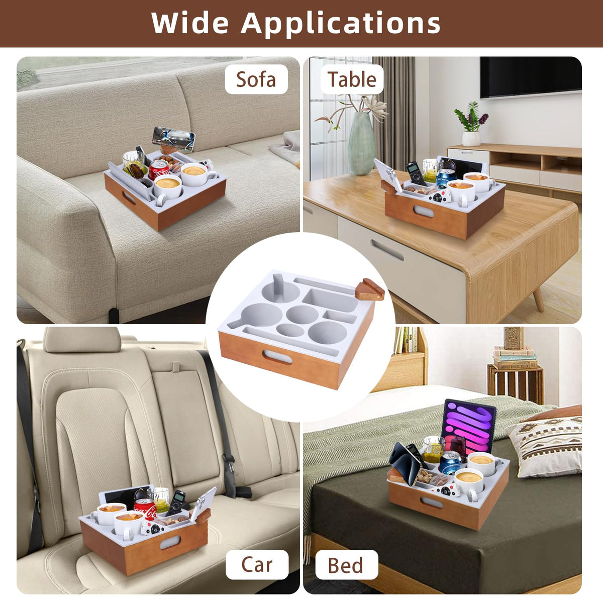 Hanaoyo Couch Cup Holder Tray, Soft Silicone Wooden Couch Caddy with Carrying Handle, Sofa Cup Holder for Bed Car Beach Organizer, Anti-Spill Sofa Cup Holder for Snacks Beverage Remote (Brown)
