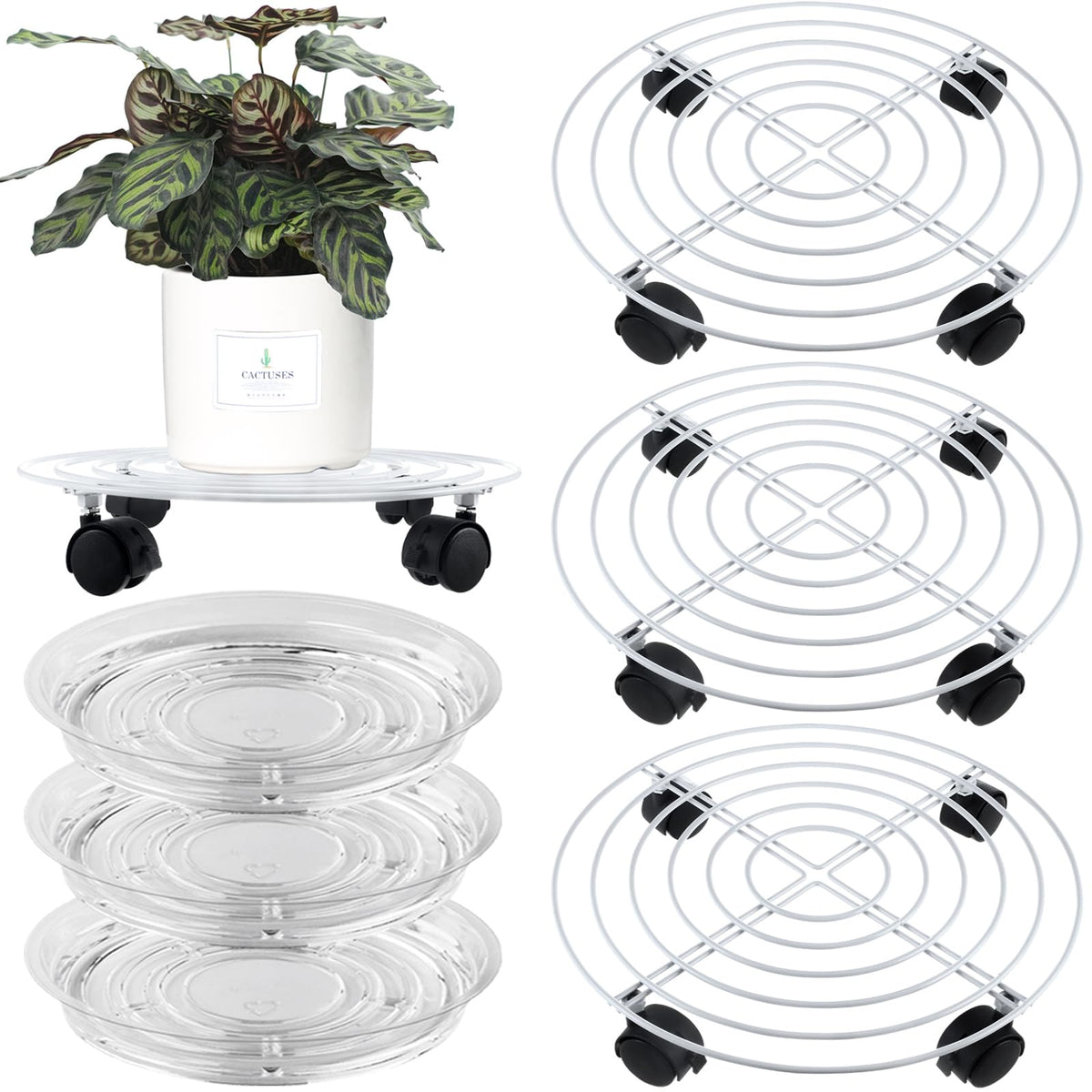 Planterhoma 3 Packs Large Metal Plant Caddy 13.8 Inches Plant Dolly with Wheels Heavy Duty Iron Rolling Plant Stand with Casters for Indoor and Outdoor Plant Pot Rollers White, 3-pack Plant Saucers