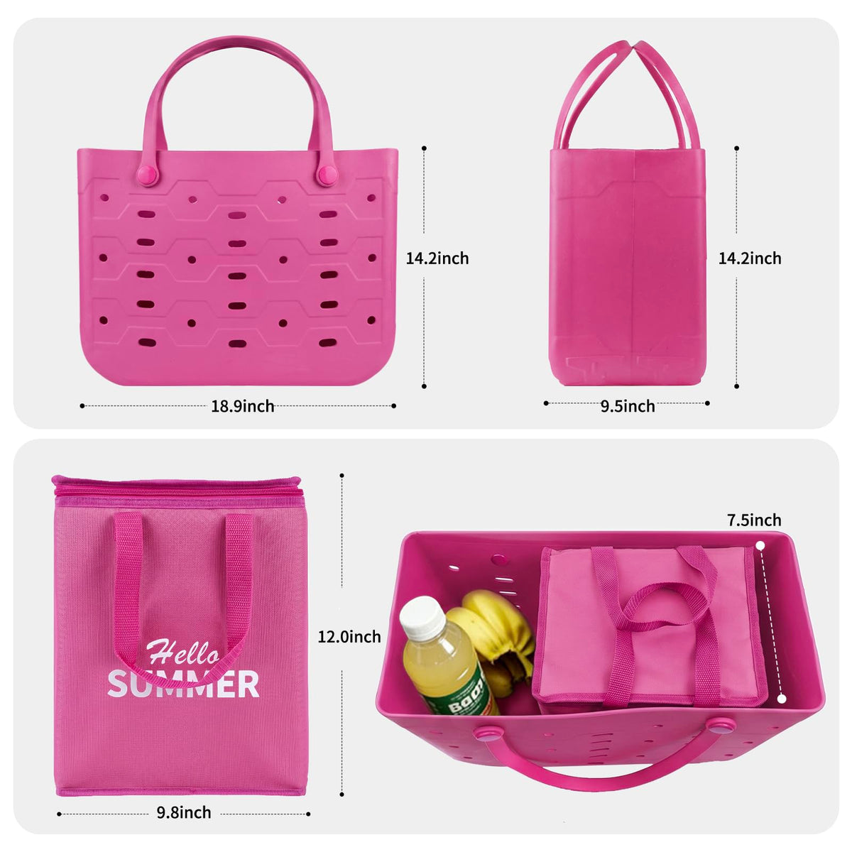 PoVwlty Rubber Beach Tote Bag with Insulated Cooler Bag, Waterproof Sandproof Pool Bag for Beach, Pool, Travel- Perfect for Summer (ROSE - RED, Large)