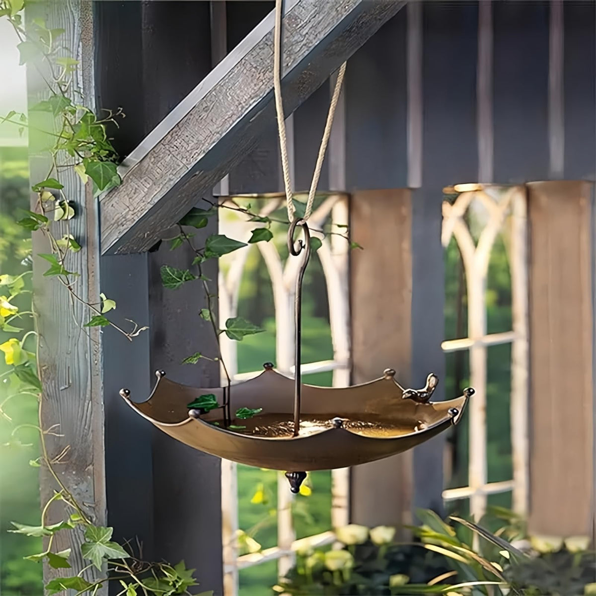 Hanging Bird Feeder Tray Bird Bath for Outdoors, Umbrella Shaped Wild Bird Feeders Tray for Bath, Hummingbird Feeder for Outside, Metal and Water Bowl, Garden Backyard Decor, Brown
