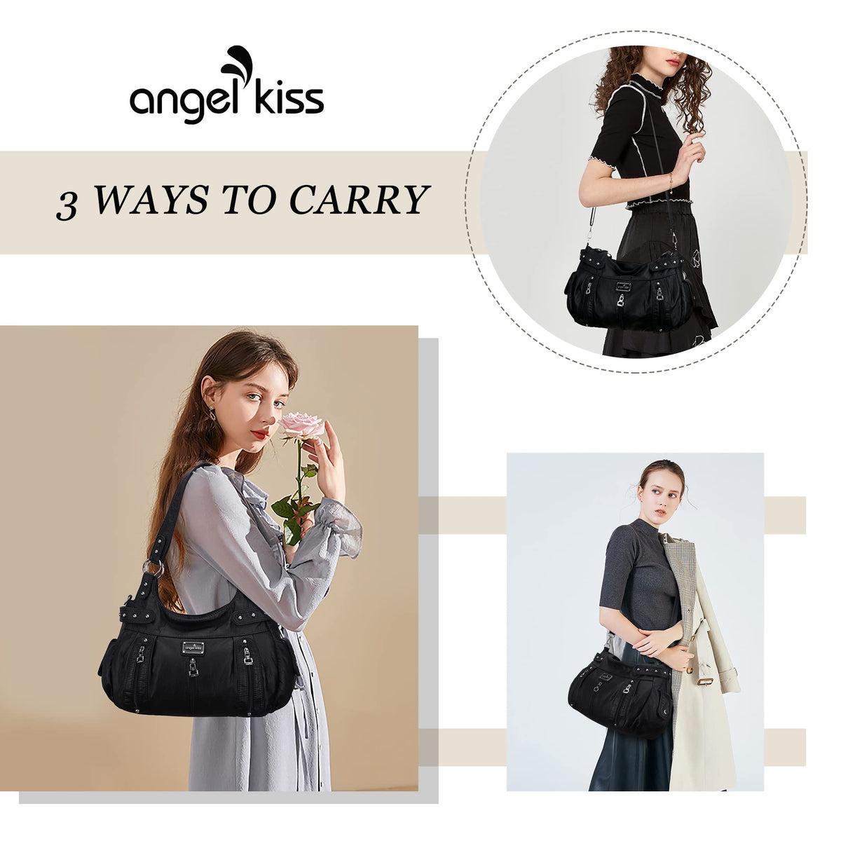 Angel Kiss Large Purses and Handbags for Women Washed Faux Leather Crossbody Hobo Satchel Shoulder Handbag Tote Purse