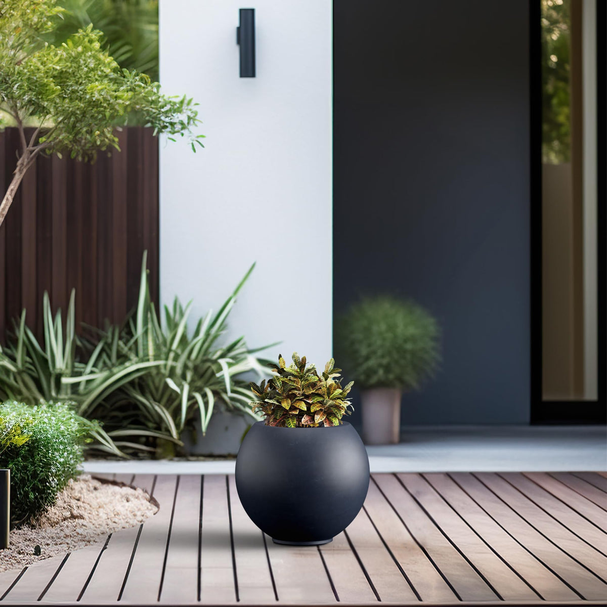 Kante Round Concrete Flower Pot, 11 Inch Dia (7.9" Opening) Sphere Shape Design Planter with Drainage Hole and Rubber Plug for Indoor & Outdoor Plants, Charcoal Finish with Painted Interior