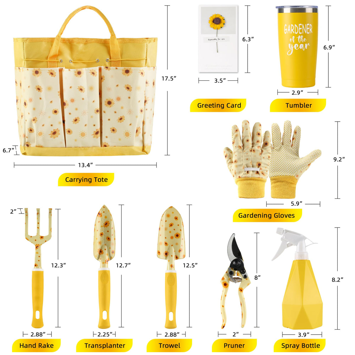 Garden Tool Set with Sunflower Print, Heavy Duty Gardening Hand Tools with Garden Tool Bag,Gardening Gifts for Women&Men,Yellow